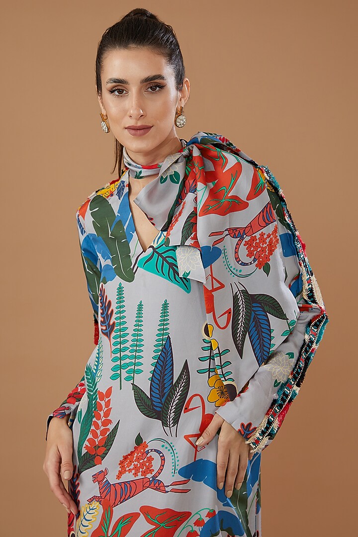 Multi-Colored Silk Satin Crepe Printed Vacation Dress by Kshitij Jalori at Pernia's Pop Up Shop