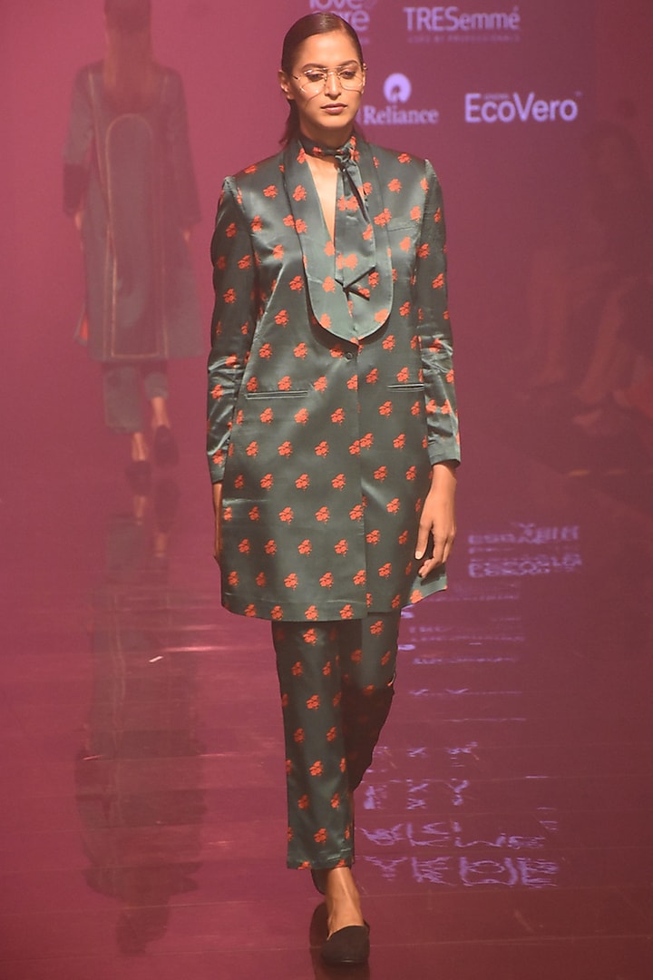 Green Printed Suit With Pants by Kshitij Jalori