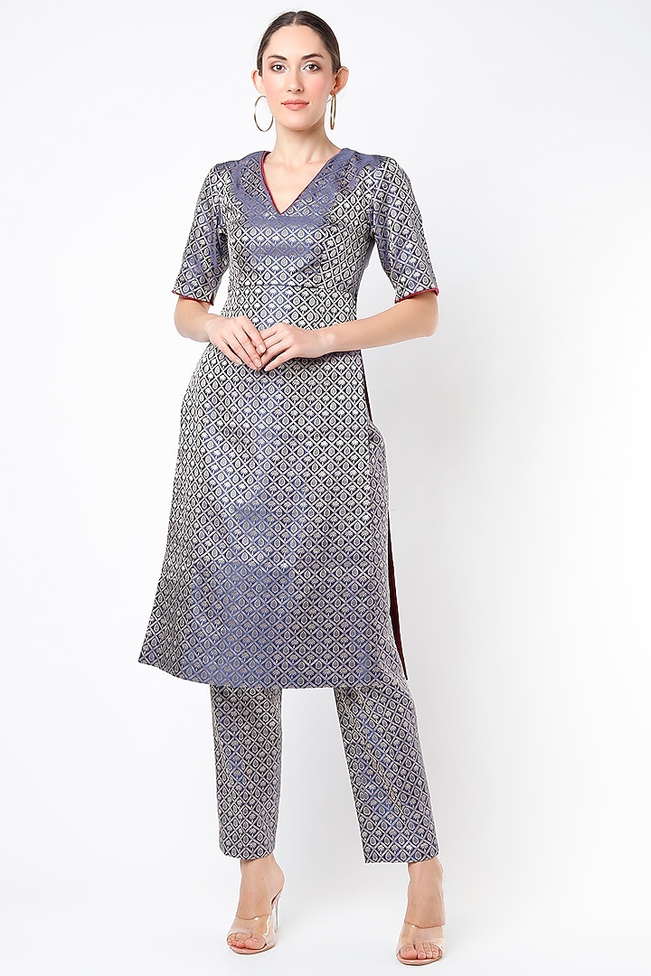 Pale Iris Blue Silk Brocade Kurta Set by Kshitij Jalori at Pernia's Pop Up Shop