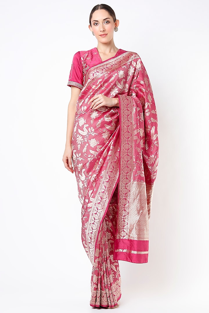 Dark Pink Silk Brocade Saree by Kshitij Jalori