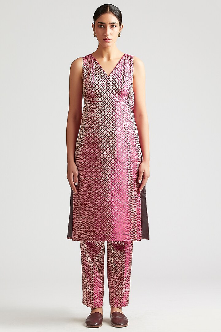 Dark Pink - Plain Mashru Silk with Patchwork Straight Kurta
