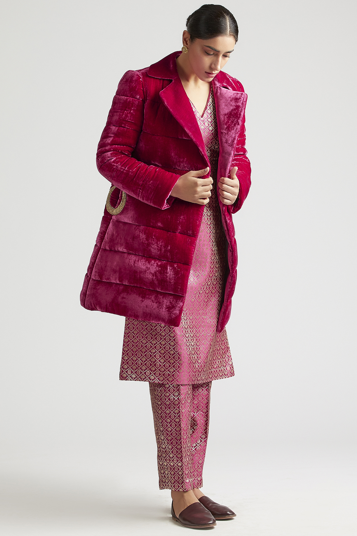 Mulberry Pink Silk Mashru Zardosi Embroidered Kurta Set With Puffer Jacket by Kshitij Jalori at Pernia's Pop Up Shop