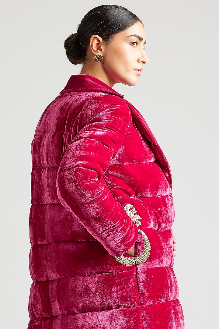 Mulberry Pink Silk Mashru Zardosi Embroidered Kurta Set With Puffer Jacket by Kshitij Jalori at Pernia's Pop Up Shop