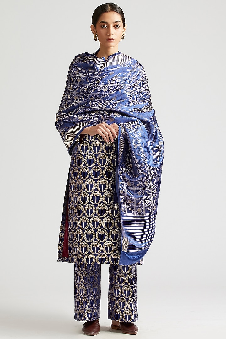 Sapphire Blue Kurta Set In Silk Brocade by Kshitij Jalori at Pernia's Pop Up Shop