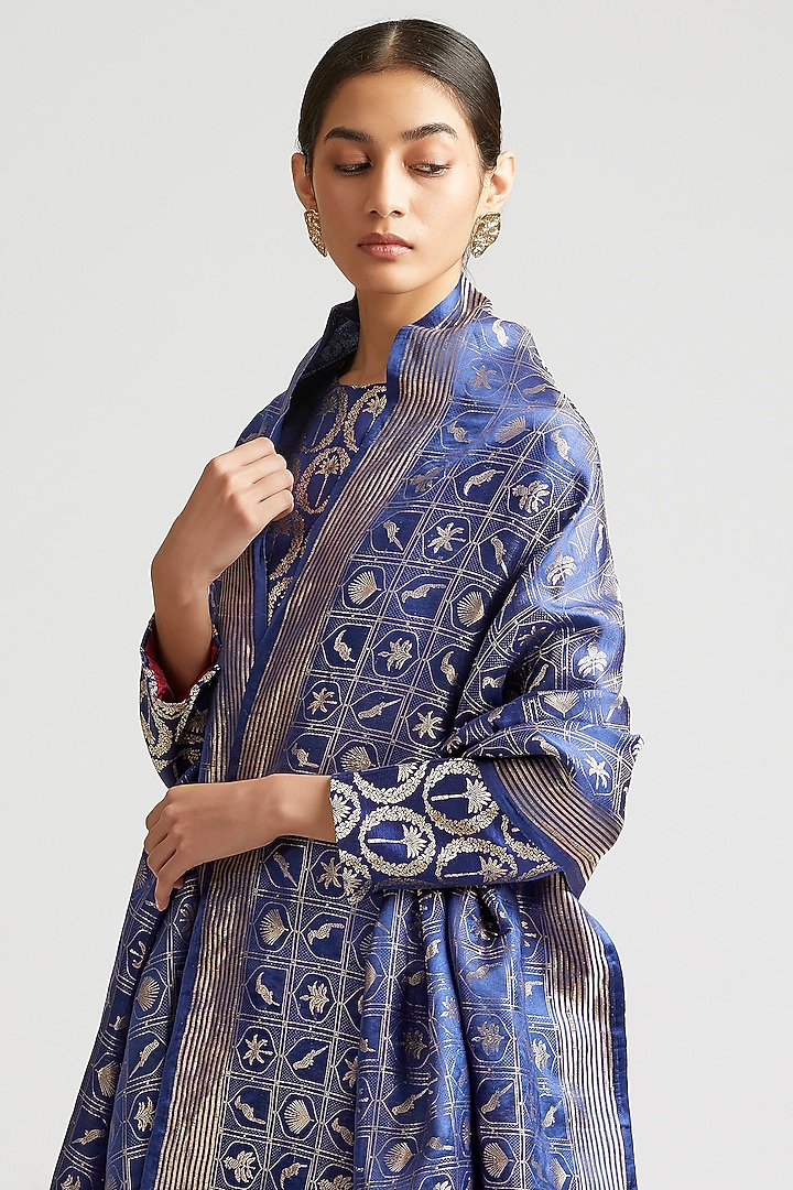 Sapphire Blue Kurta Set In Silk Brocade by Kshitij Jalori at Pernia's Pop Up Shop