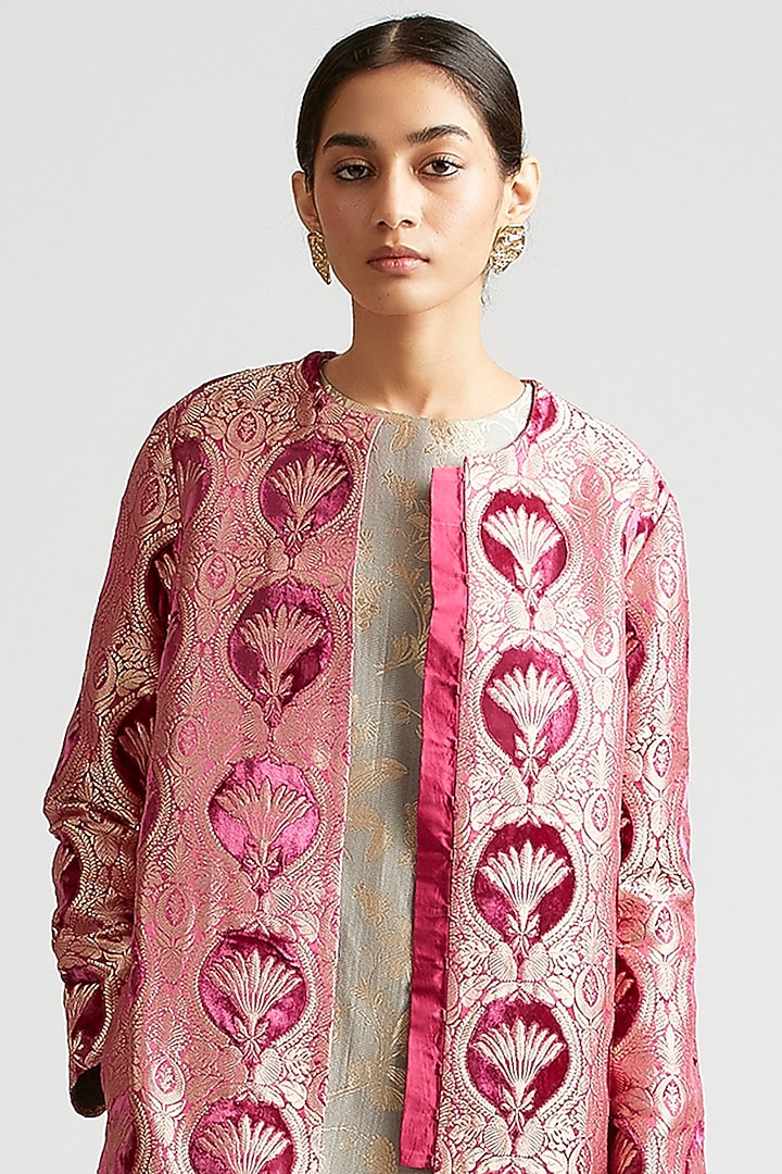 Mulberry Pink Velvet Brocade Achkan Jacket Set by Kshitij Jalori at Pernia's Pop Up Shop