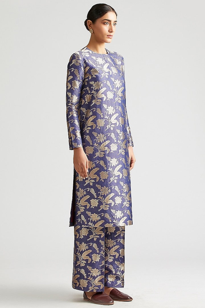 Sapphire Blue Silk Brocade Kurta Set by Kshitij Jalori at Pernia's Pop Up Shop