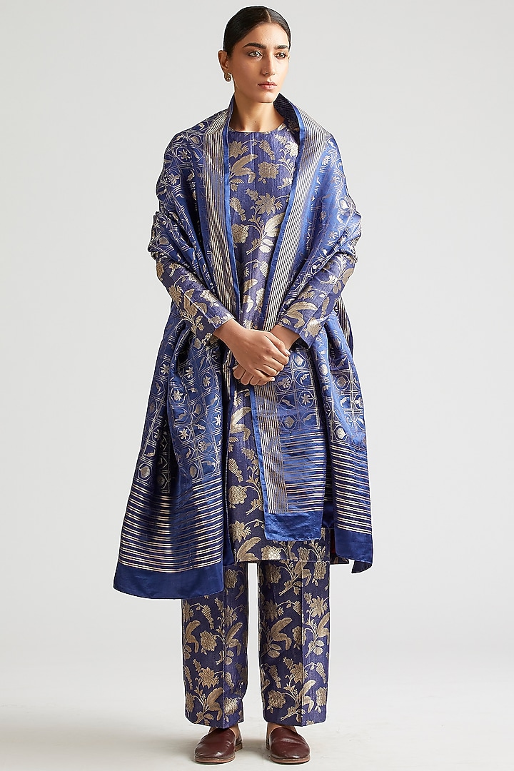 Sapphire Blue Kurta Set In Silk Brocade by Kshitij Jalori at Pernia's Pop Up Shop