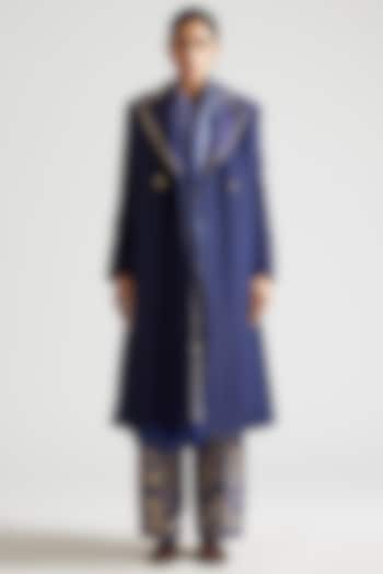 Sapphire Blue Kurta Set With Silk Brocade Trench Coat by Kshitij Jalori at Pernia's Pop Up Shop