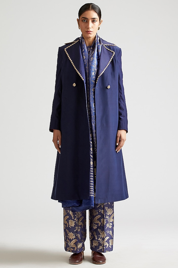 Sapphire Blue Kurta Set With Silk Brocade Trench Coat by Kshitij Jalori at Pernia's Pop Up Shop