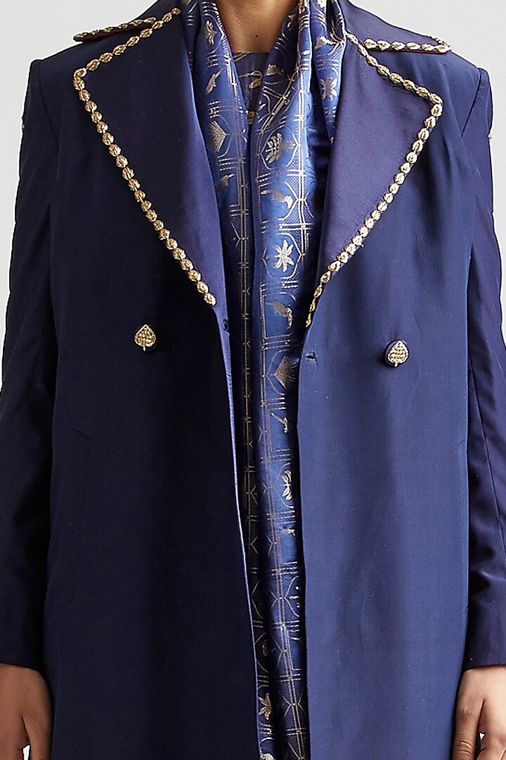 Sapphire Blue Kurta Set With Silk Brocade Trench Coat by Kshitij Jalori at Pernia's Pop Up Shop