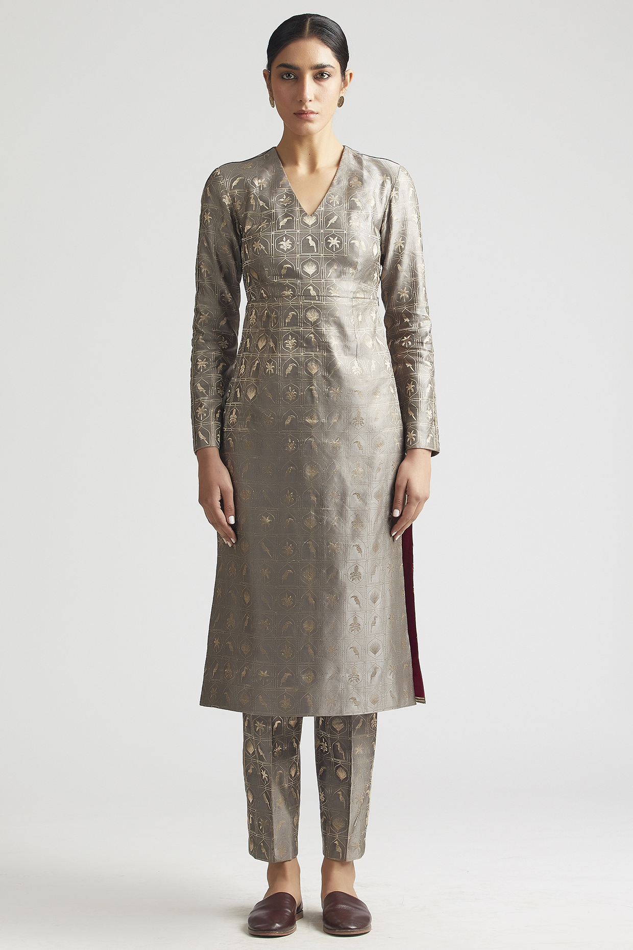 Shadow Grey Silk Brocade Kurta Set by Kshitij Jalori at Pernia's Pop Up Shop