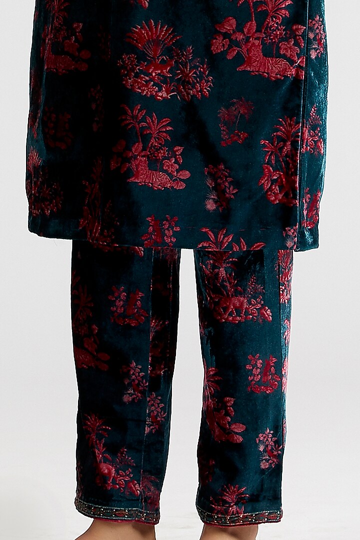 Dark Teal Printed & Embroidered Kurta Set by Kshitij Jalori at Pernia's Pop Up Shop