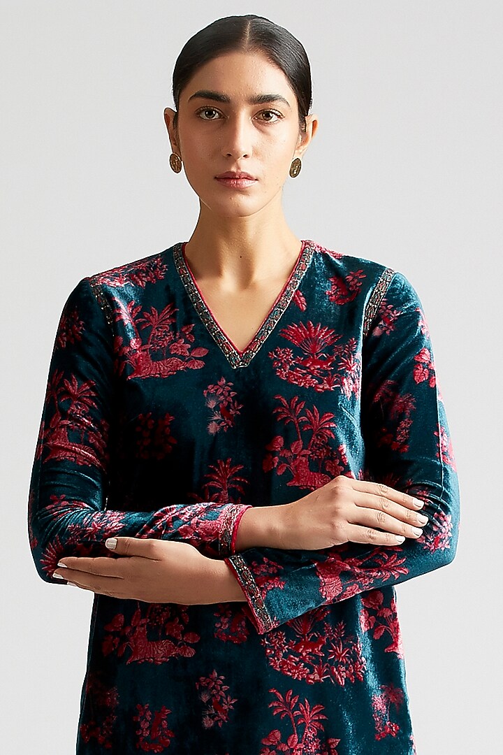 Dark Teal Printed & Embroidered Kurta Set by Kshitij Jalori at Pernia's Pop Up Shop