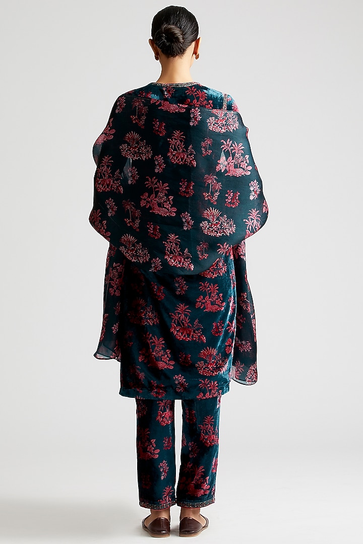 Dark Teal Embroidered & Printed Kurta Set by Kshitij Jalori at Pernia's Pop Up Shop