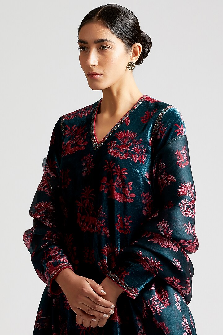 Dark Teal Embroidered & Printed Kurta Set by Kshitij Jalori at Pernia's Pop Up Shop