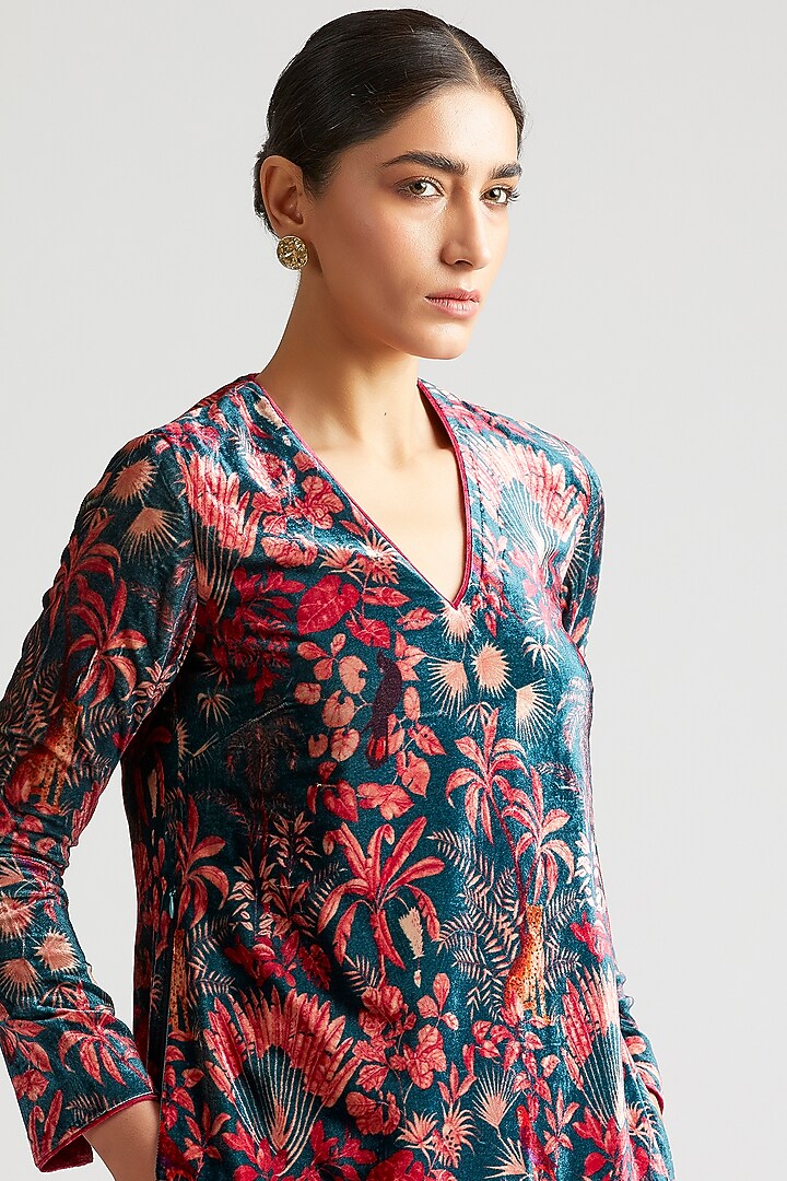 Deep Teal Printed Kurta Set by Kshitij Jalori at Pernia's Pop Up Shop