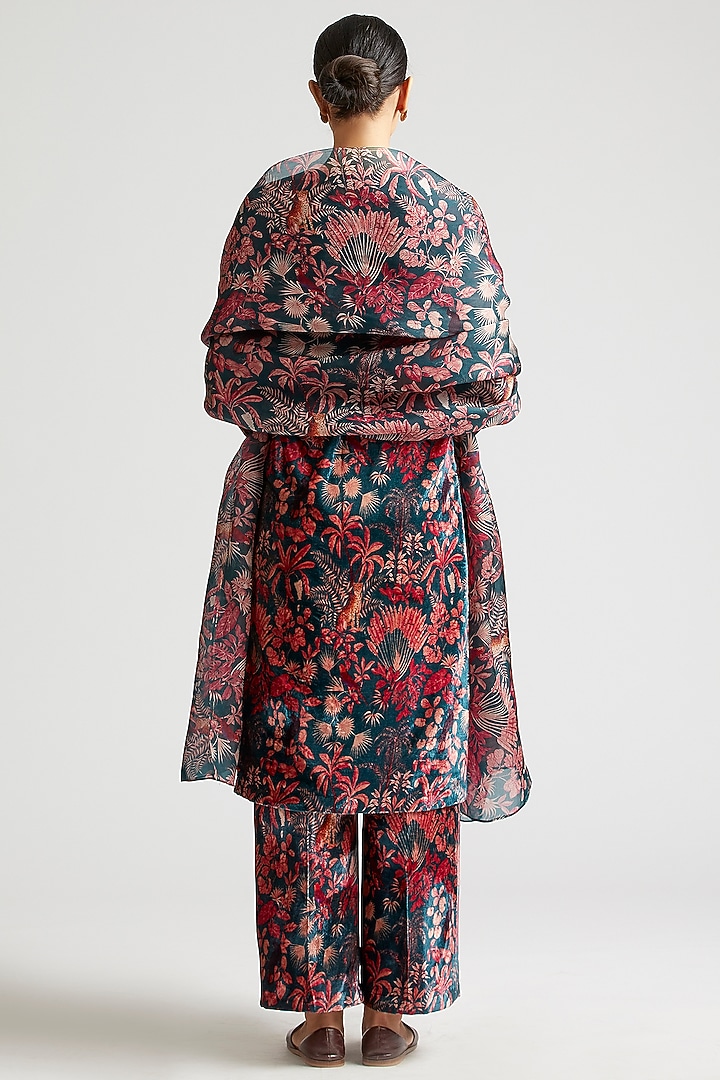 Deep Teal Kurta Set With Print by Kshitij Jalori at Pernia's Pop Up Shop