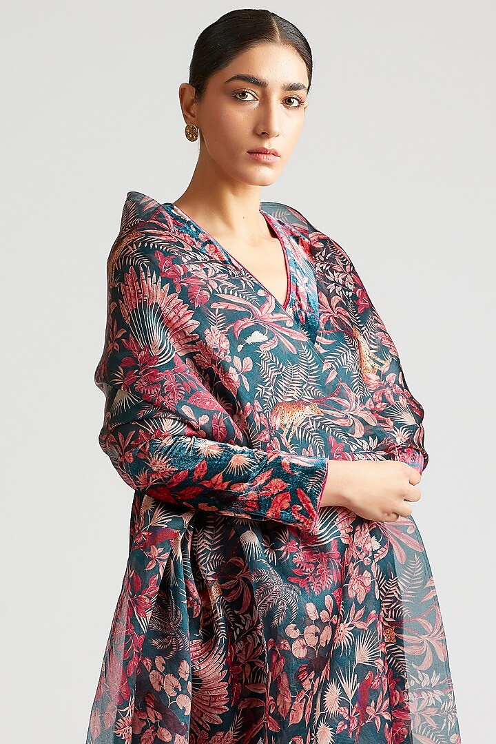Deep Teal Kurta Set With Print by Kshitij Jalori at Pernia's Pop Up Shop