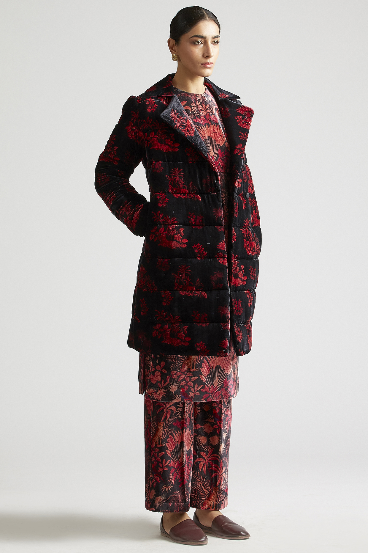 Black Silk Velvet Puffer Jacket Set by Kshitij Jalori at Pernia's Pop Up Shop