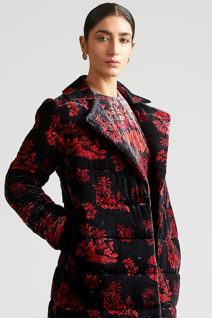 Black Silk Velvet Puffer Jacket Set by Kshitij Jalori at Pernia's Pop Up Shop