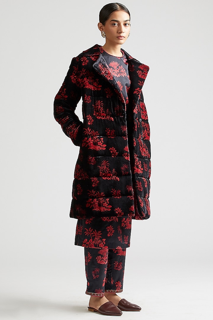 Black Silk Velvet Puffer Jacket Set by Kshitij Jalori at Pernia's Pop Up Shop