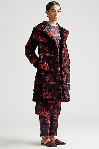 Black Silk Velvet Puffer Jacket Set by Kshitij Jalori