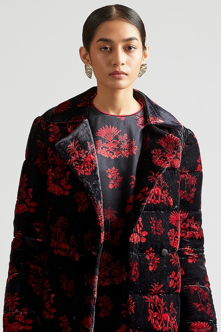 Black Silk Velvet Puffer Jacket Set by Kshitij Jalori at Pernia's Pop Up Shop