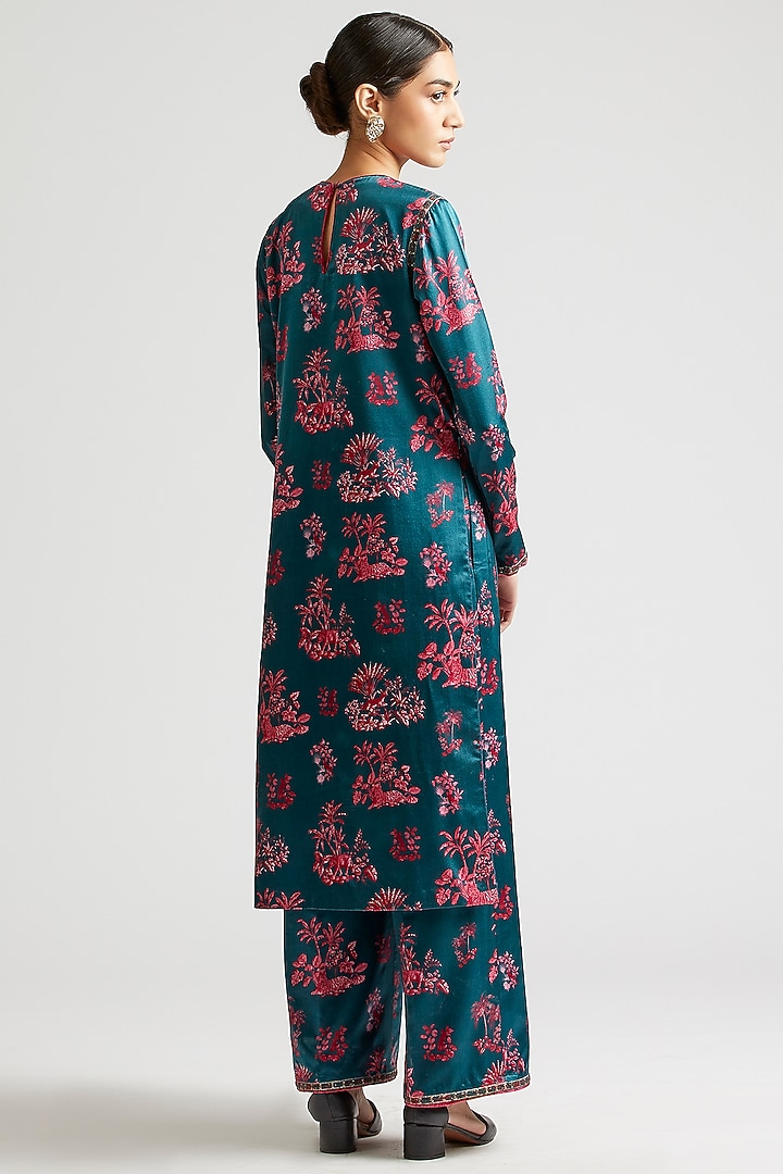 Deep Turquoise Printed & Embroidered Kurta Set by Kshitij Jalori at Pernia's Pop Up Shop