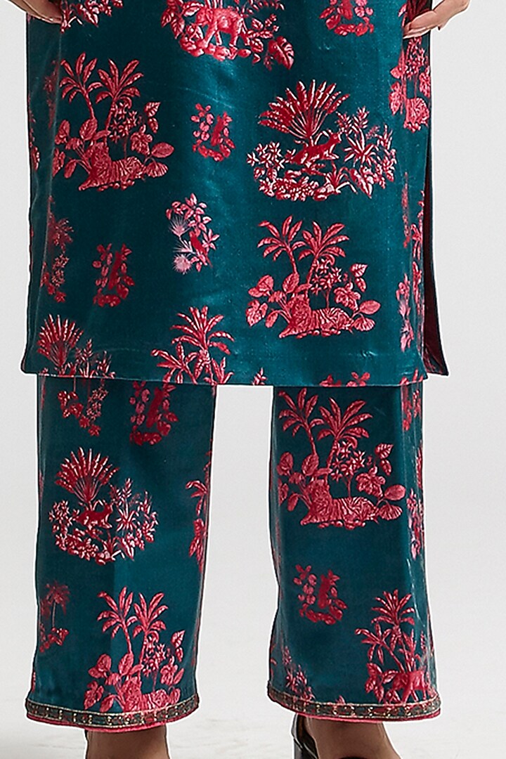 Deep Turquoise Printed & Embroidered Kurta Set by Kshitij Jalori at Pernia's Pop Up Shop