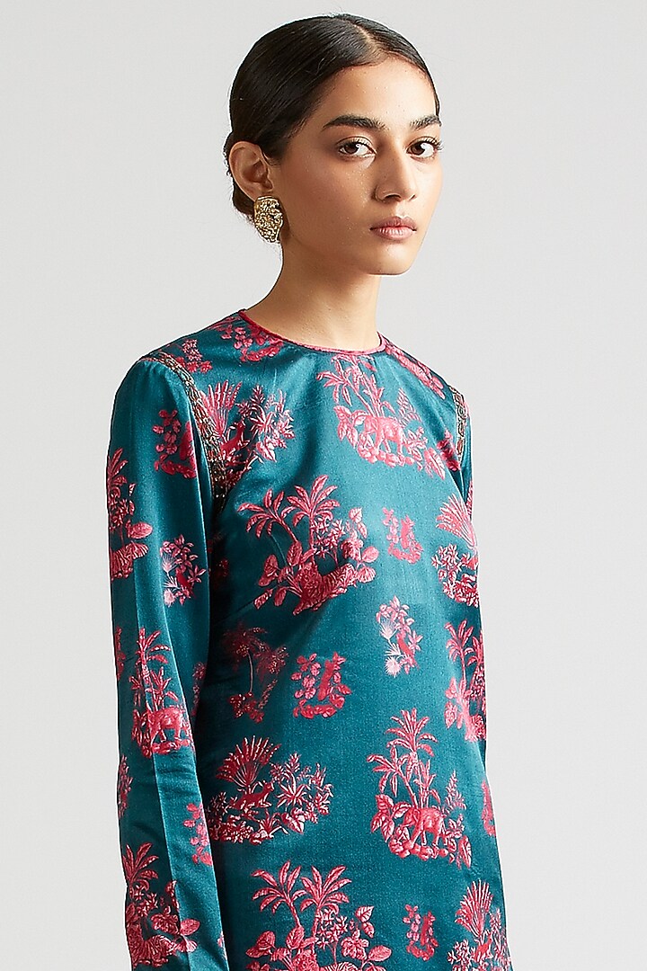 Deep Turquoise Printed & Embroidered Kurta Set by Kshitij Jalori at Pernia's Pop Up Shop