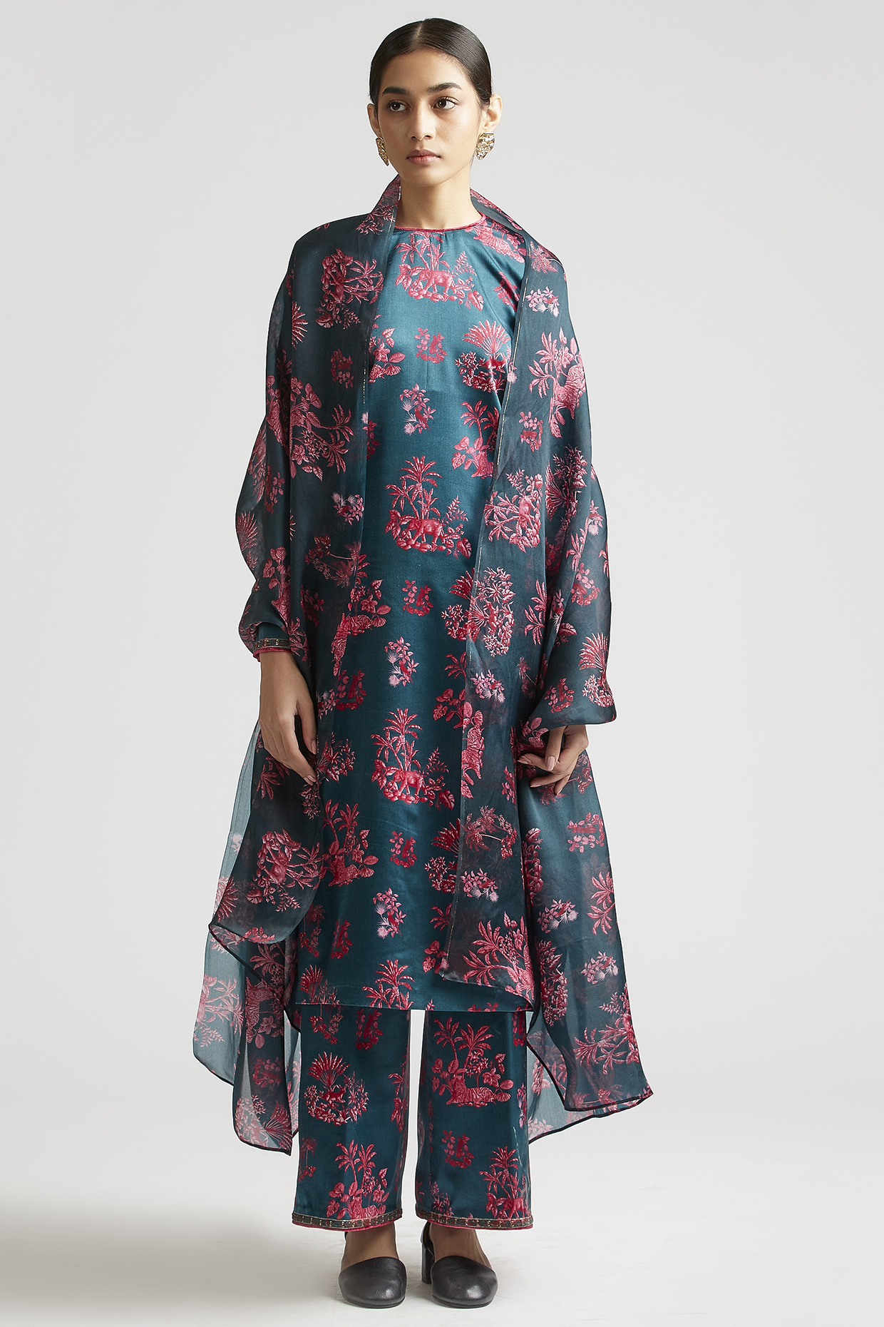 Deep Turquoise Embroidered & Printed Kurta Set by Kshitij Jalori