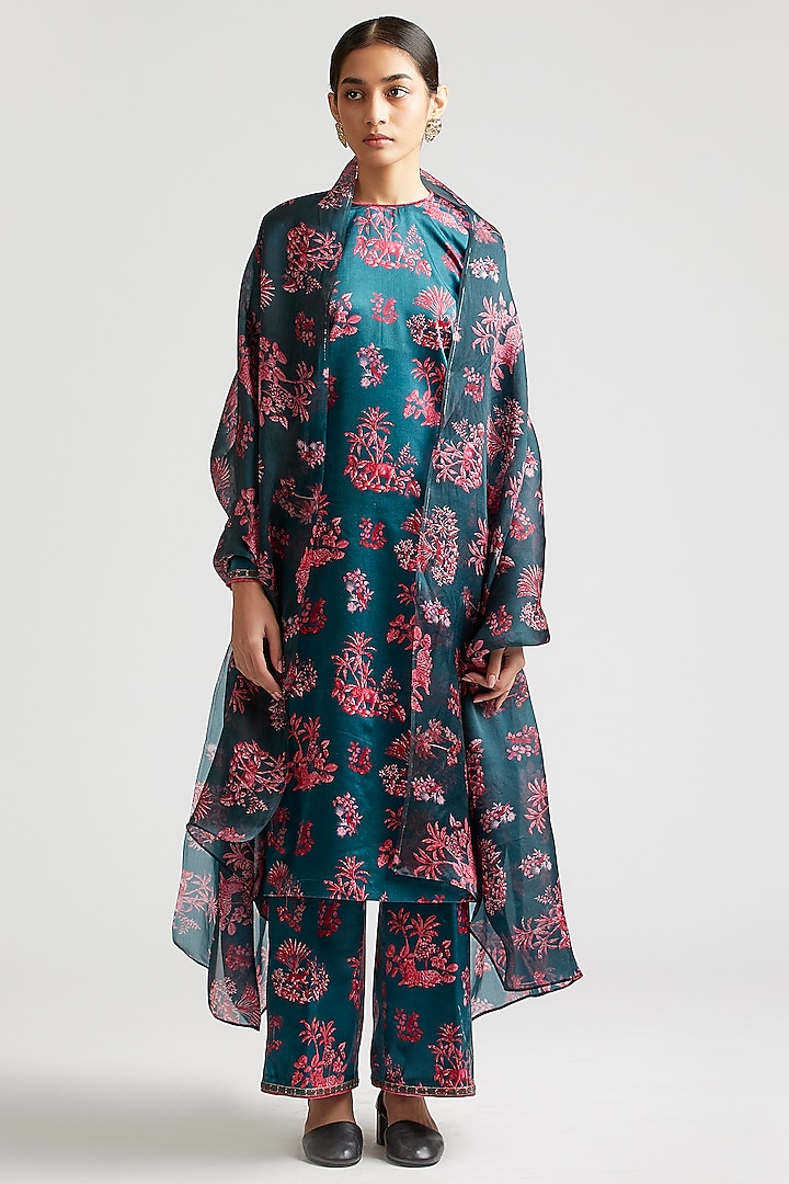 Deep Turquoise Embroidered & Printed Kurta Set by Kshitij Jalori