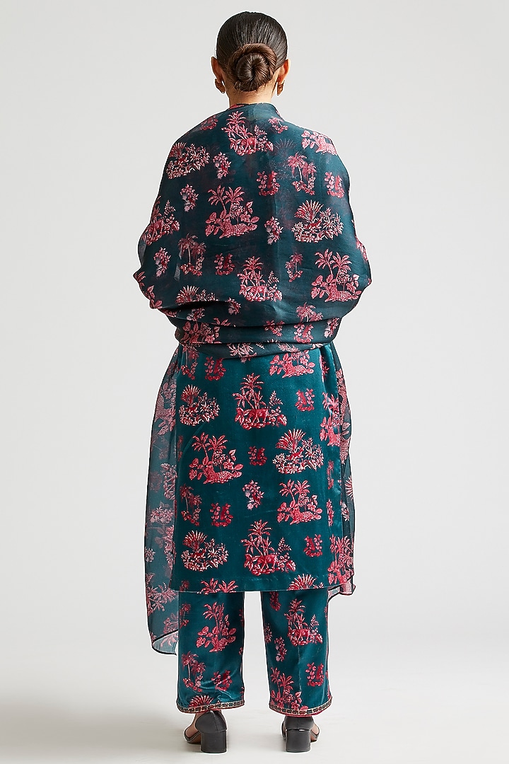 Deep Turquoise Embroidered & Printed Kurta Set by Kshitij Jalori at Pernia's Pop Up Shop