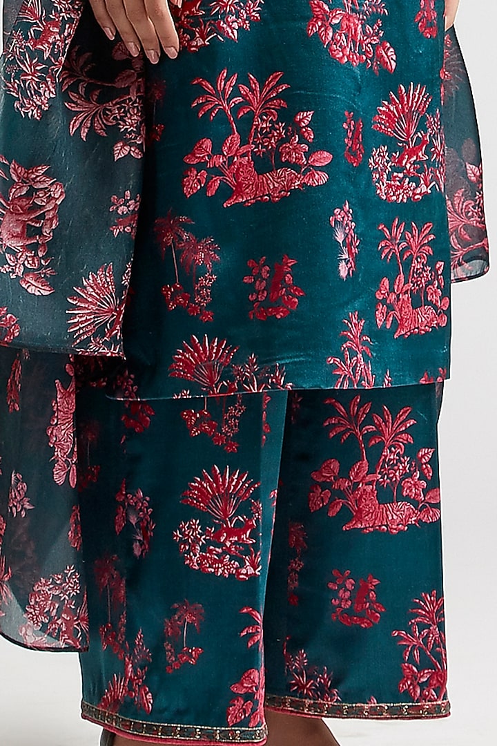 Deep Turquoise Embroidered & Printed Kurta Set by Kshitij Jalori at Pernia's Pop Up Shop