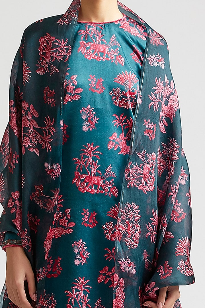 Deep Turquoise Embroidered & Printed Kurta Set by Kshitij Jalori at Pernia's Pop Up Shop