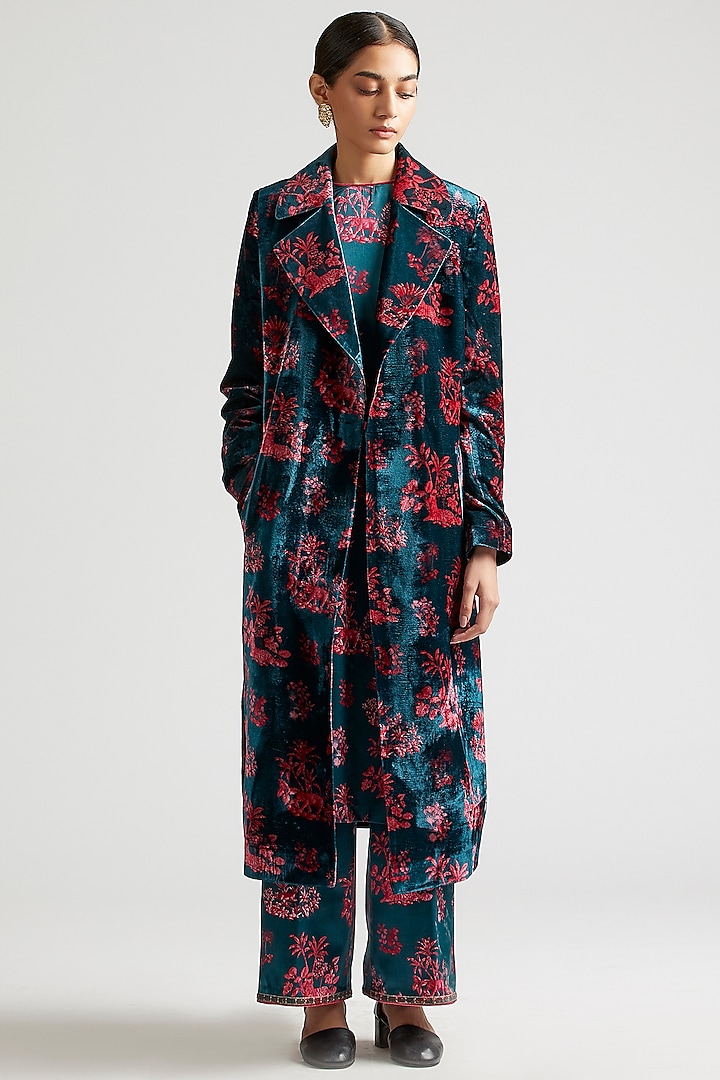 Deep Turquoise Kurta Set With Silk Velvet Trench Coat by Kshitij Jalori