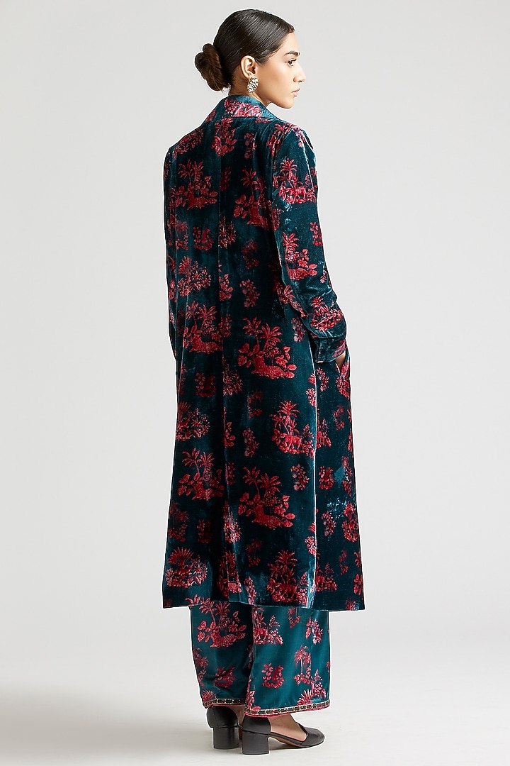 Deep Turquoise Kurta Set With Silk Velvet Trench Coat by Kshitij Jalori at Pernia's Pop Up Shop