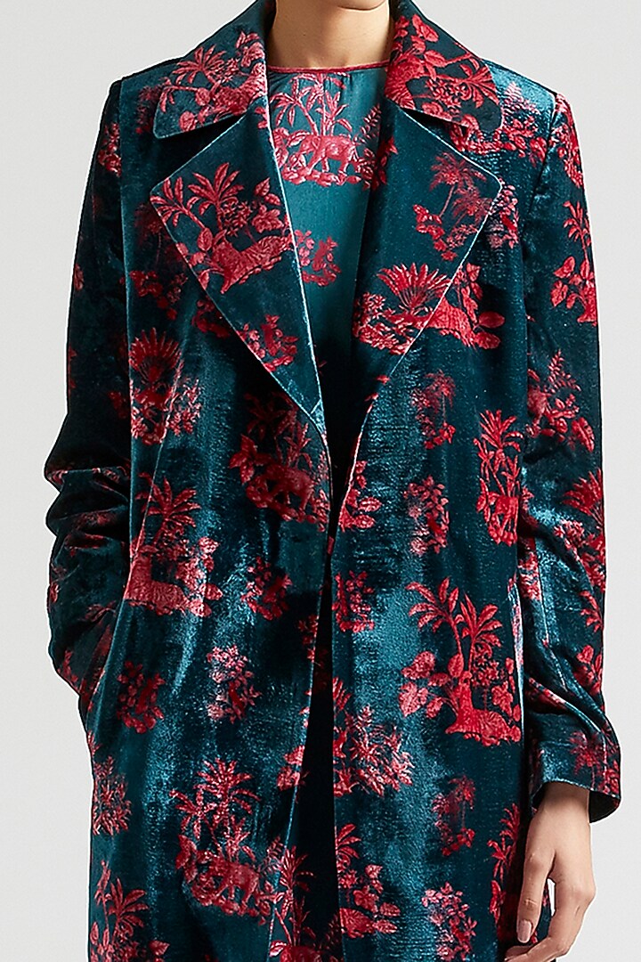 Deep Turquoise Kurta Set With Silk Velvet Trench Coat by Kshitij Jalori at Pernia's Pop Up Shop