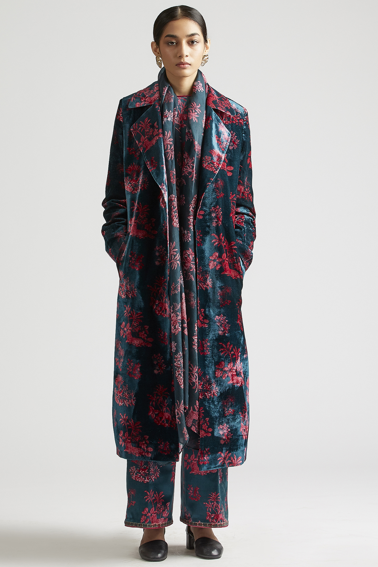 Deep Turquoise Kurta Set With Trench Coat by Kshitij Jalori at Pernia's Pop Up Shop