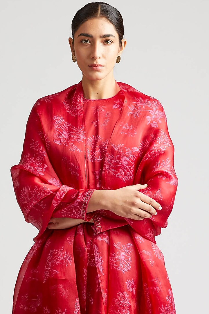Medium Scarlet Embroidered & Printed Kurta Set by Kshitij Jalori at Pernia's Pop Up Shop