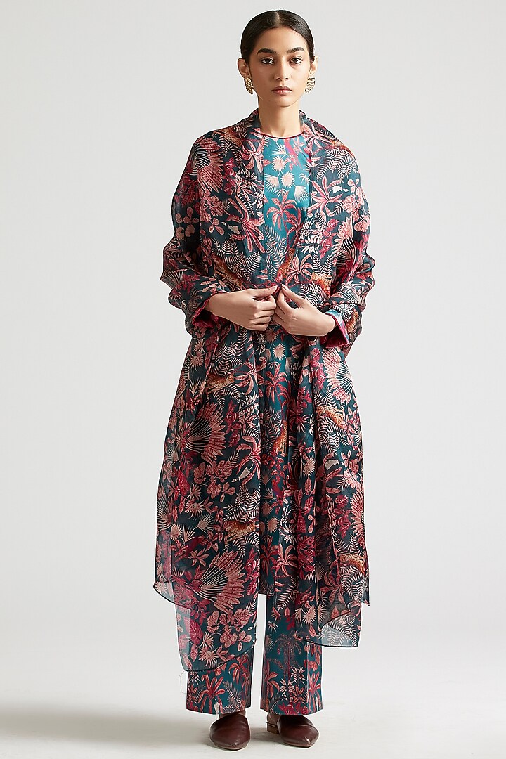 Dull Blue Silk Satin Crepe Kurta Set by Kshitij Jalori at Pernia's Pop Up Shop