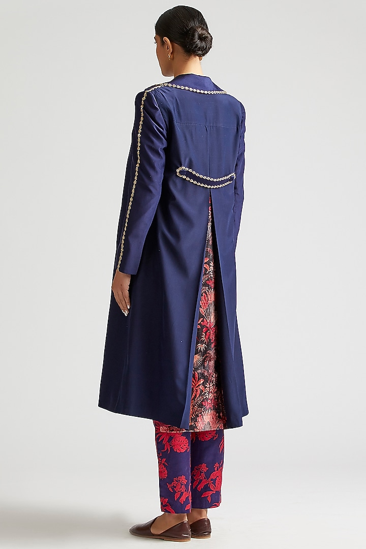 Sapphire Blue Silk Satin Crepe Trench Jacket Set by Kshitij Jalori at Pernia's Pop Up Shop