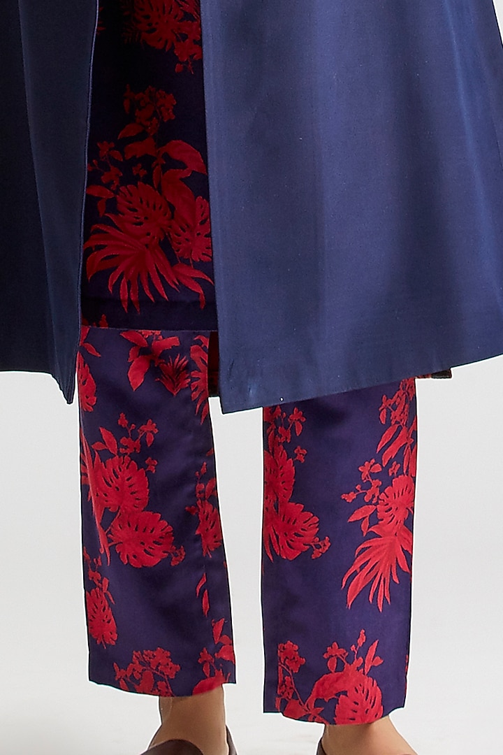 Sapphire Blue Silk Satin Crepe Trench Jacket Set by Kshitij Jalori at Pernia's Pop Up Shop