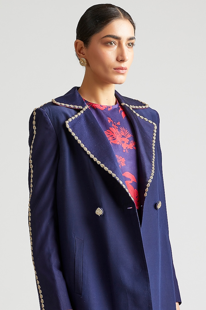 Sapphire Blue Silk Satin Crepe Trench Jacket Set by Kshitij Jalori at Pernia's Pop Up Shop