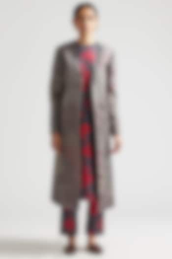 Shadow Grey Silk Satin Crepe Chapan Jacket Set by Kshitij Jalori