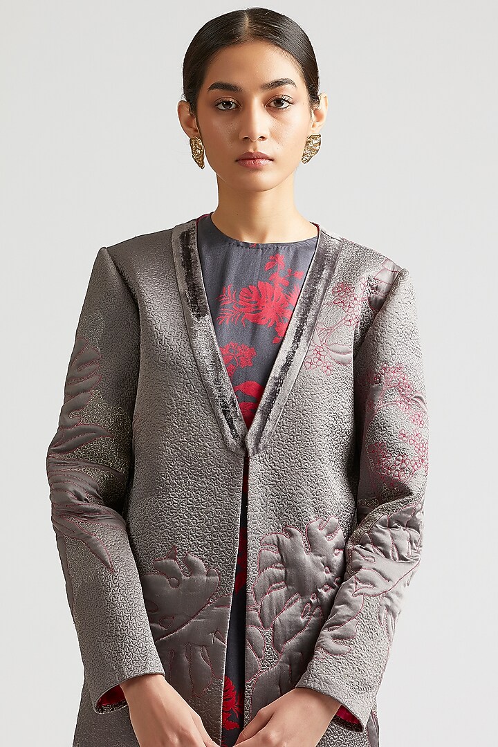 Shadow Grey Silk Satin Crepe Chapan Jacket Set by Kshitij Jalori at Pernia's Pop Up Shop