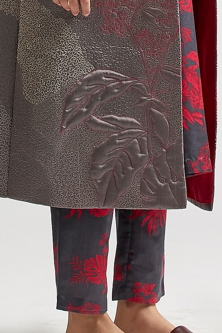 Shadow Grey Silk Satin Crepe Chapan Jacket Set by Kshitij Jalori at Pernia's Pop Up Shop