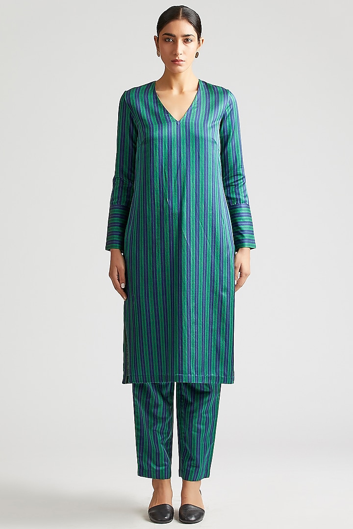 Emerald Green Striped Kurta Set by Kshitij Jalori