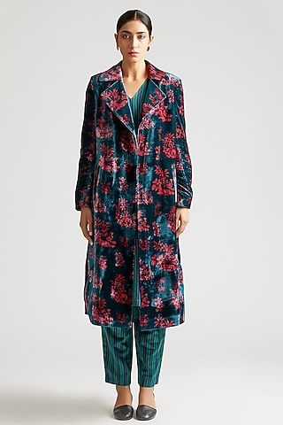 Teal Blue Silk Velvet Trench Jacket Set by Kshitij Jalori